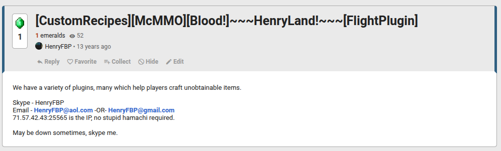 A picture of my very old Minecraft server listing.